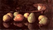 Stilleben mit Birnen und Trauben in Kupferschale